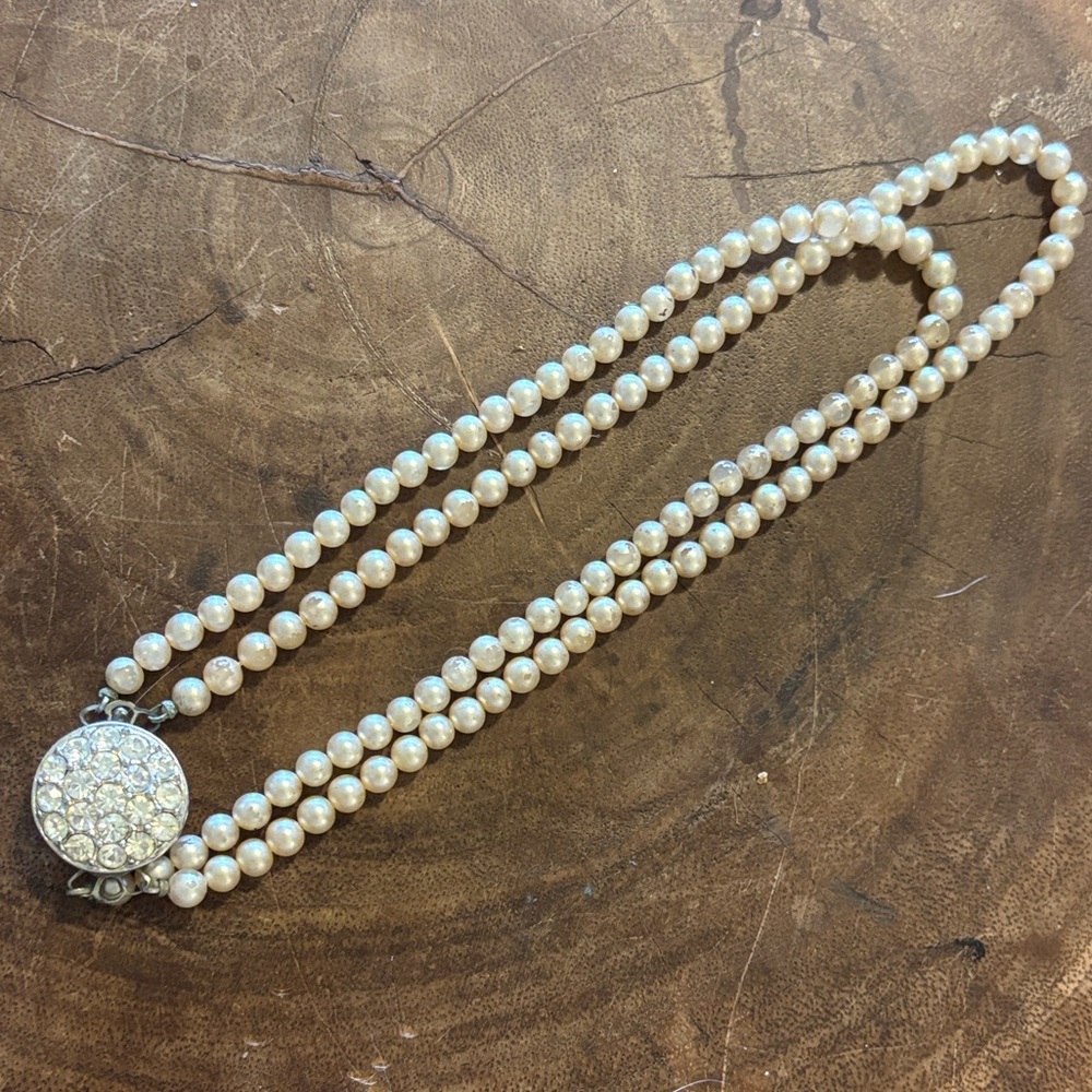 Vintage Faux Sarah Coventry Pearl 2 Strand Choker Necklace with Rhinestones